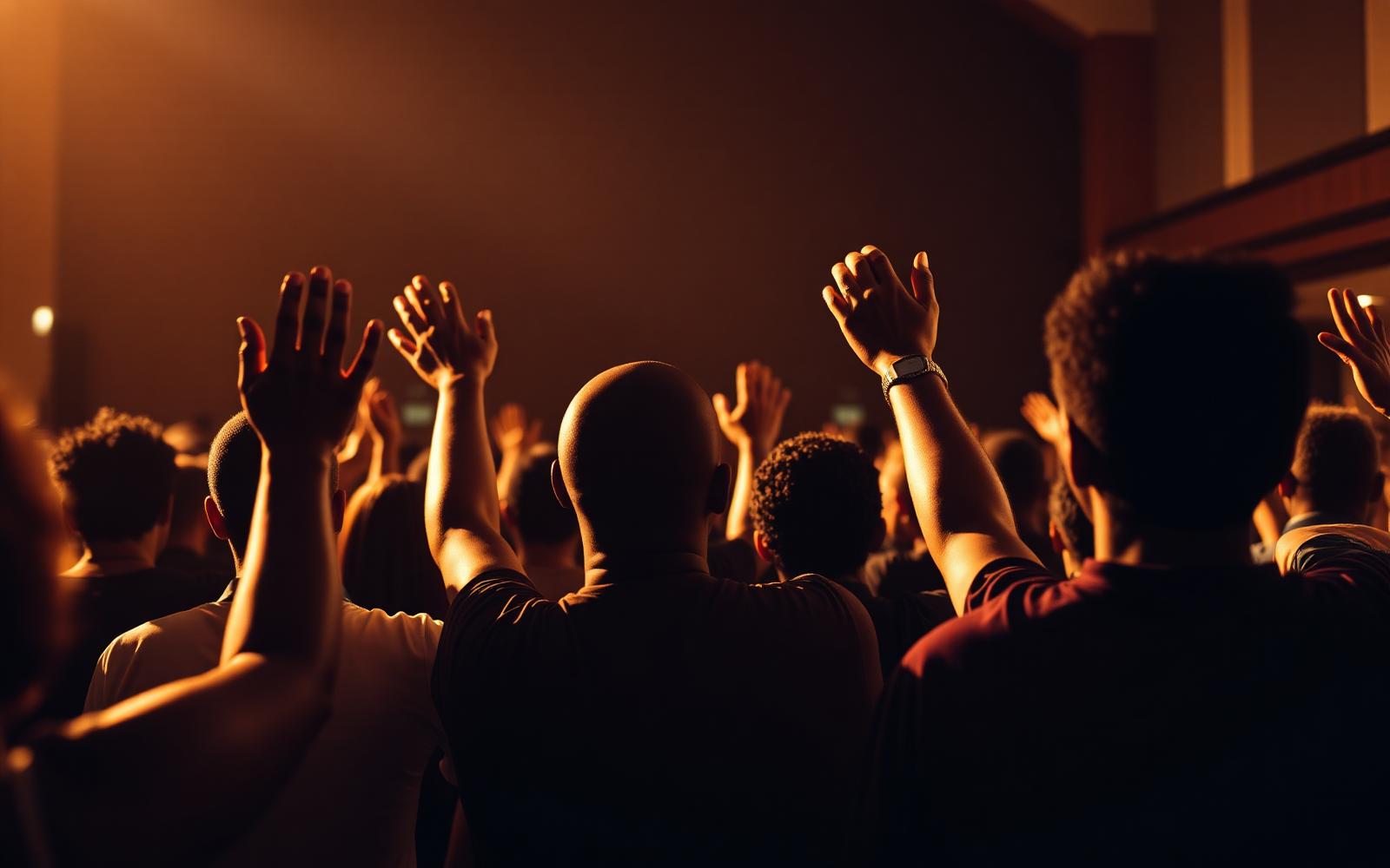 Congregation worshipping with hands raised